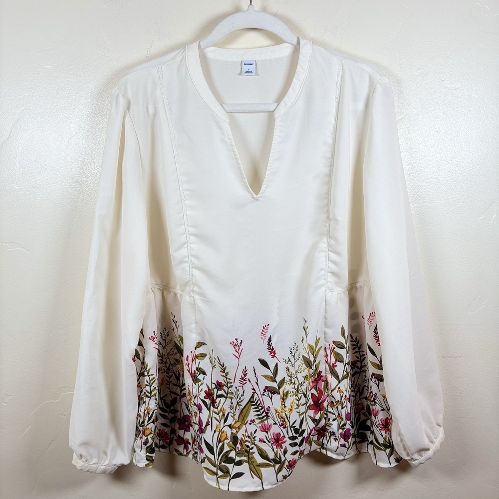 Old Navy Georgette Swing Top Women L Ivory Floral Semi-Sheer Peasant Cottagecore